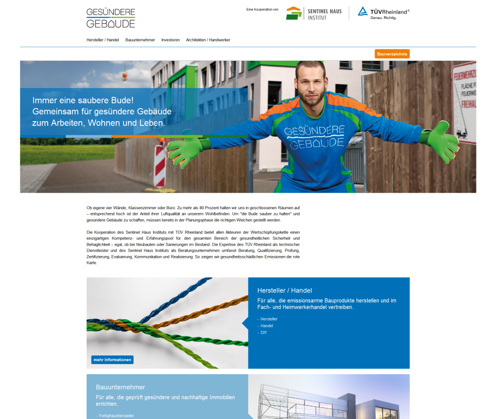 Die neue Dachmarke "Gesündere Gebäude" verfügt selbstverständlich auch über eine eigene Website. Grafik: SHI / TÜV Rheinland